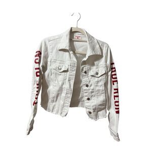 True Religion Fashion trucker with Red‎ Logo on Sleeves Sz XS White Jean Jacket